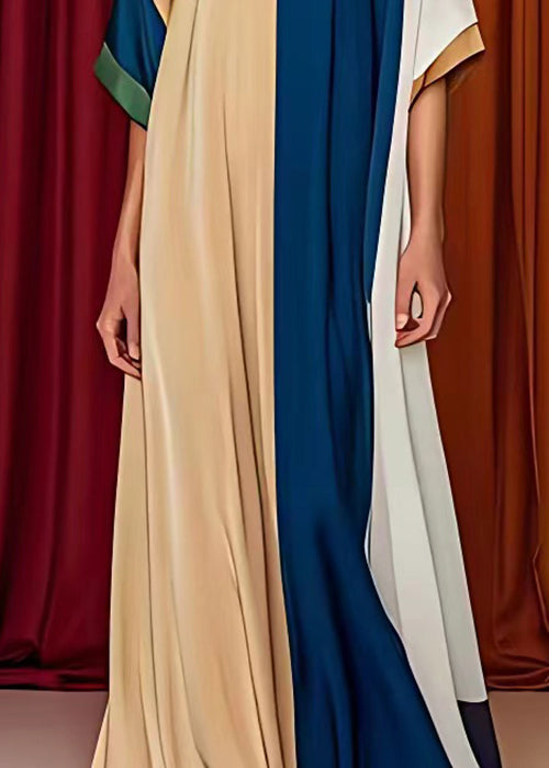 Geometric Color Block Crew Neck Kimono Sleeve Oversized Kaftan Maxi Dress