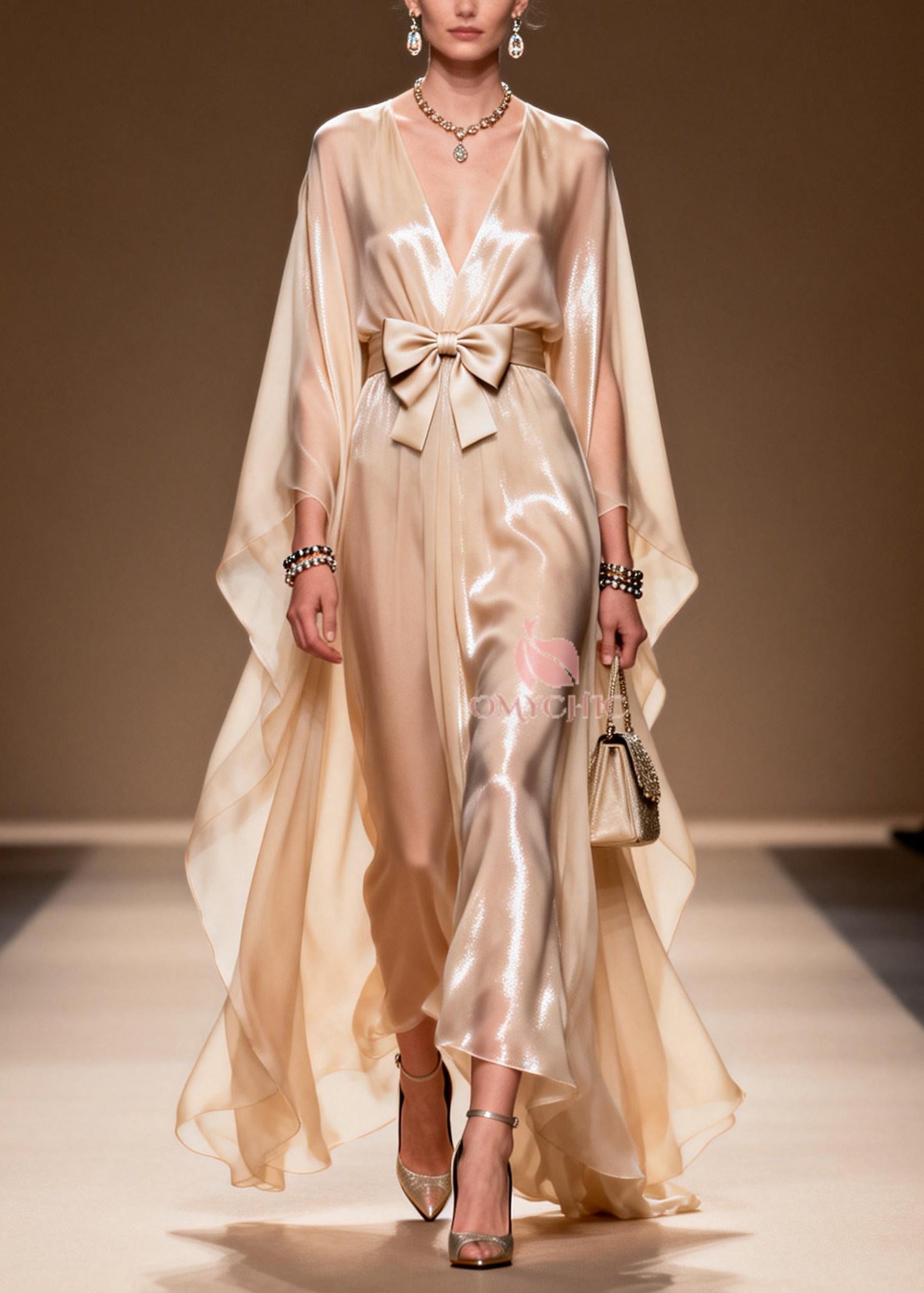 Chiffon Deep V-Neck Cape Sleeve Bow Belt Pleated Sheer Maxi Gown