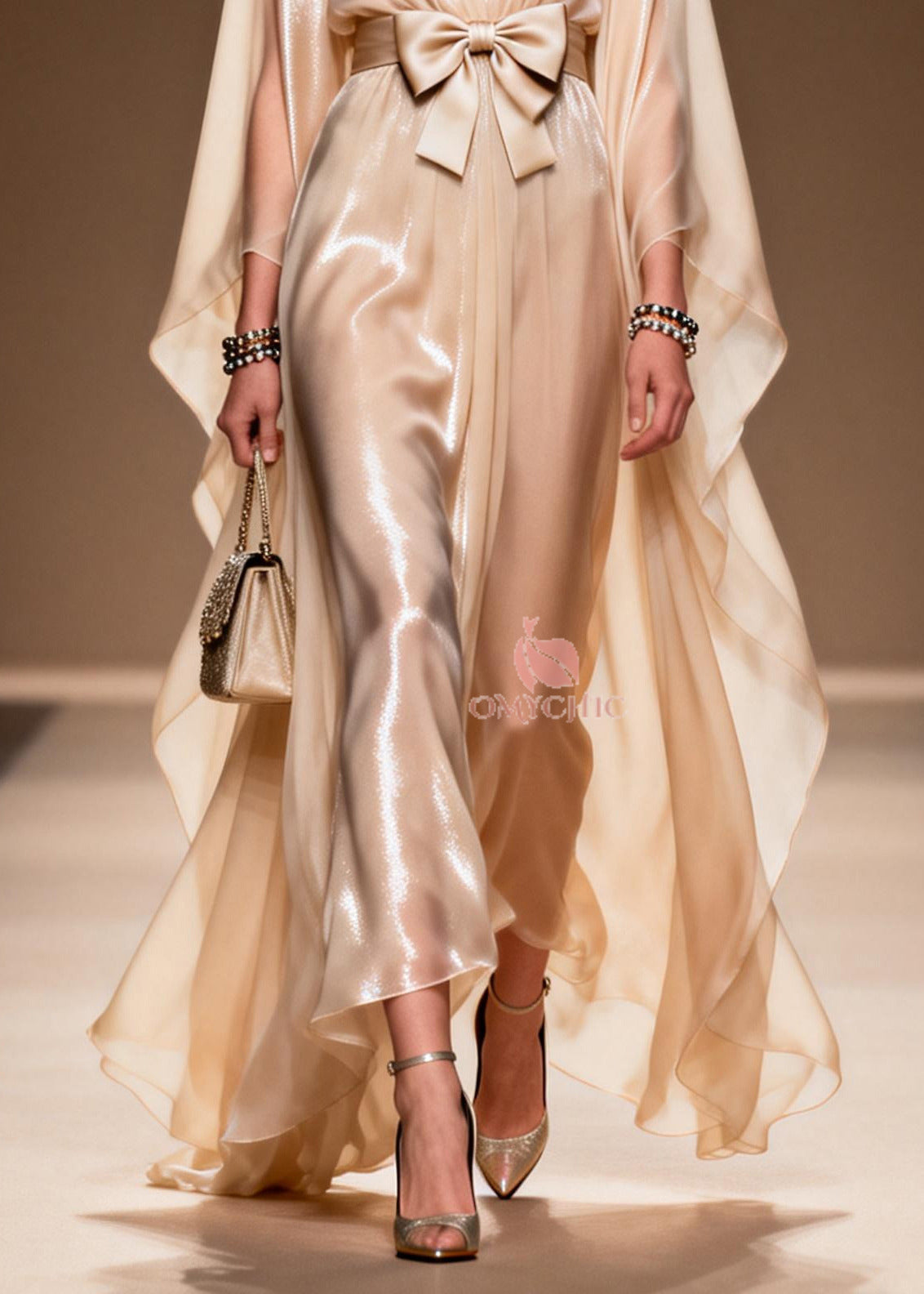 Chiffon Deep V-Neck Cape Sleeve Bow Belt Pleated Sheer Maxi Gown