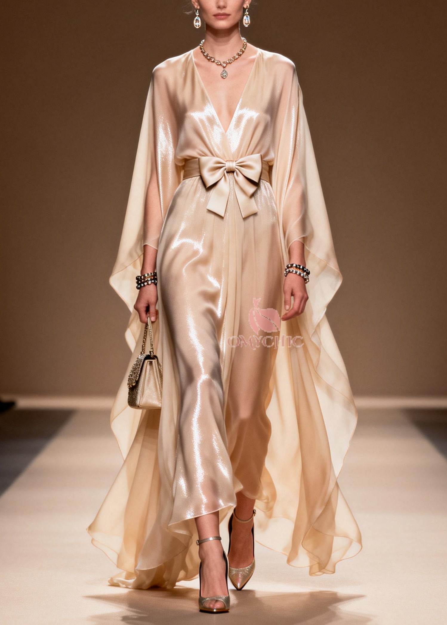 Chiffon Deep V-Neck Cape Sleeve Bow Belt Pleated Sheer Maxi Gown
