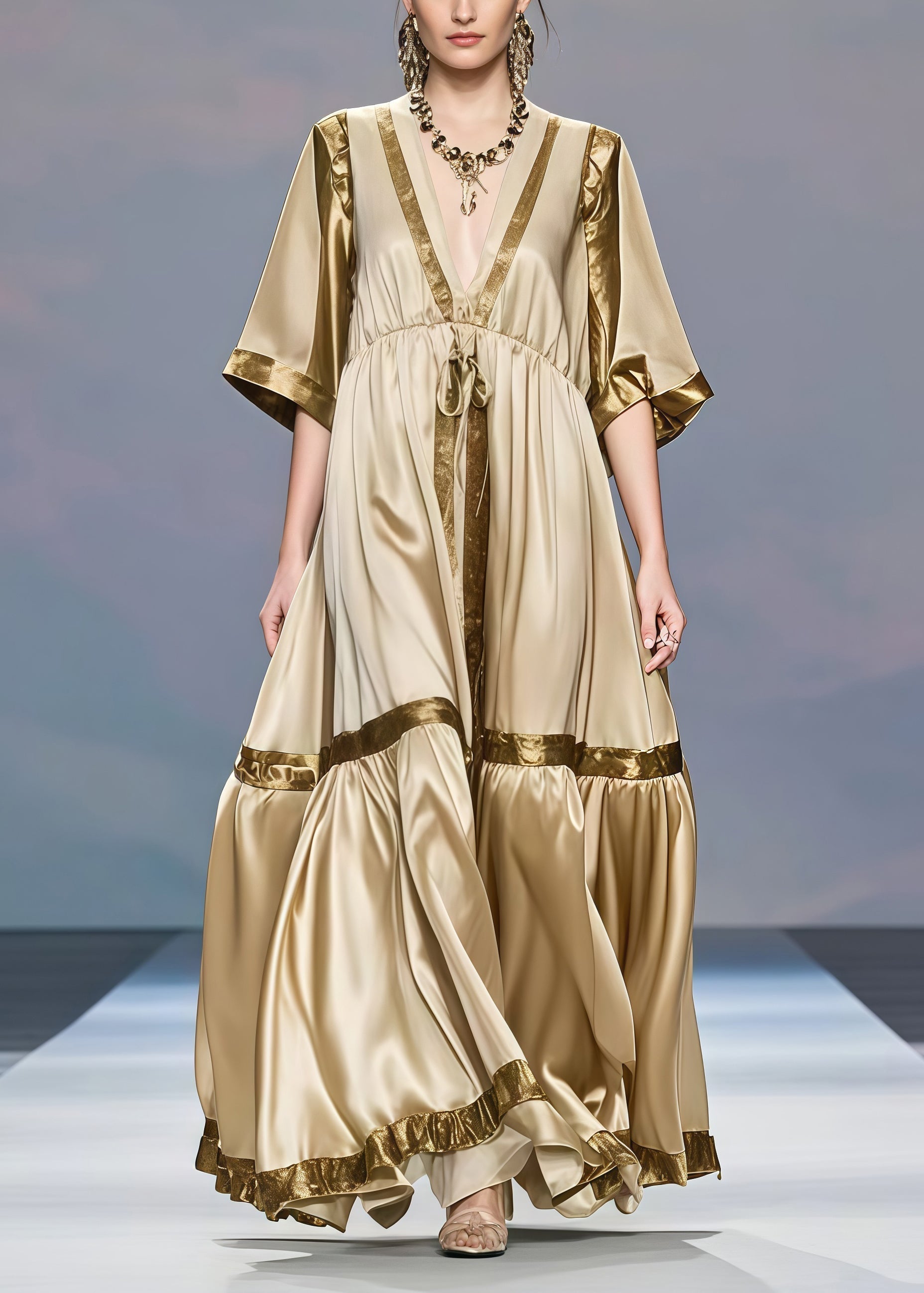 Deep V-Neck Kimono Sleeve Drawstring Empire Waist Tiered Ruffle Maxi Gown