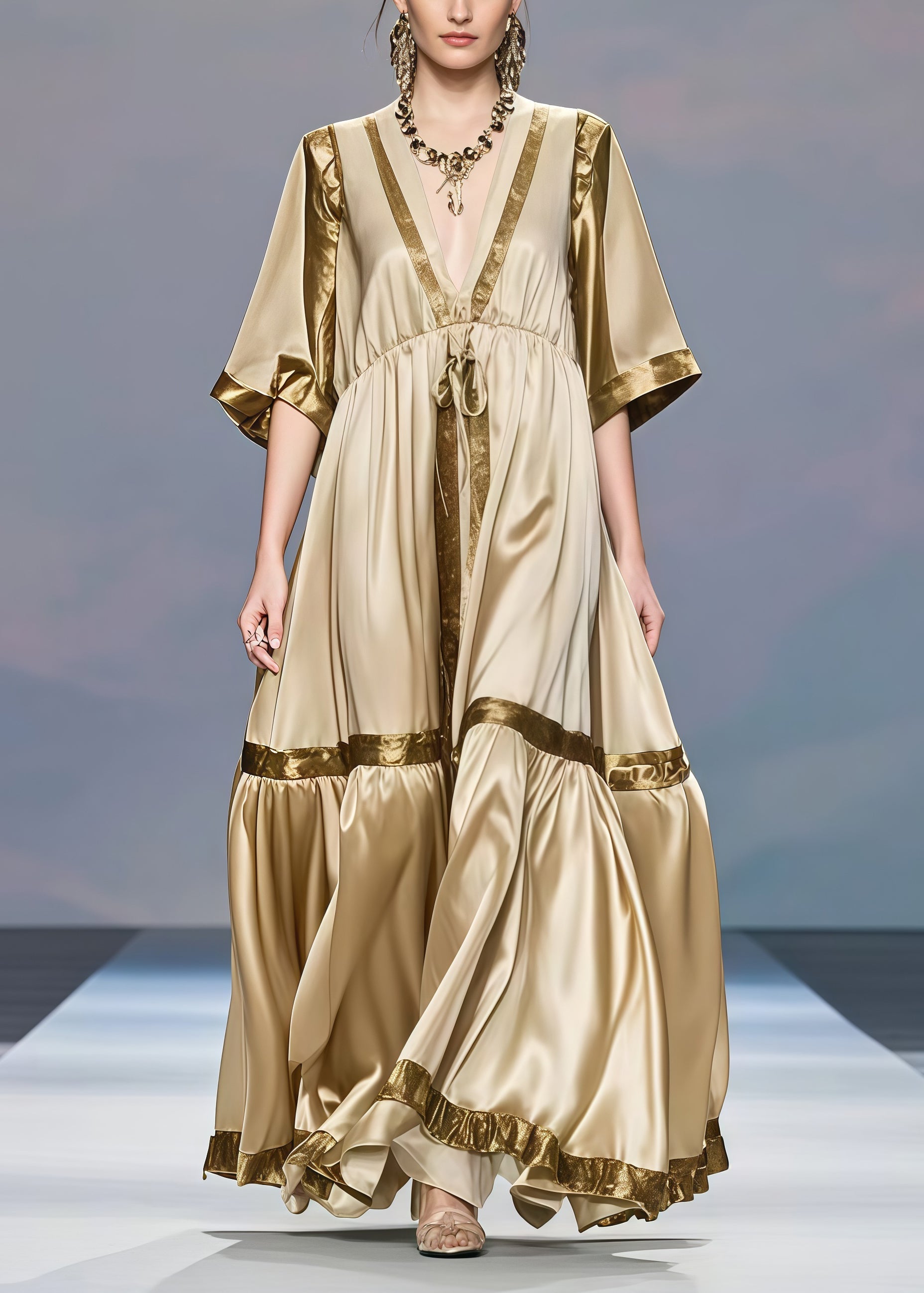 Deep V-Neck Kimono Sleeve Drawstring Empire Waist Tiered Ruffle Maxi Gown