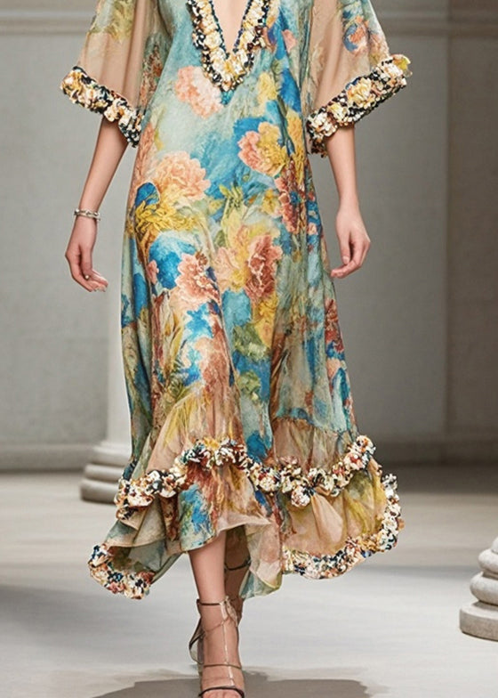 French Khaki Ruffled Print Chiffon Long Dresses Summer 4
