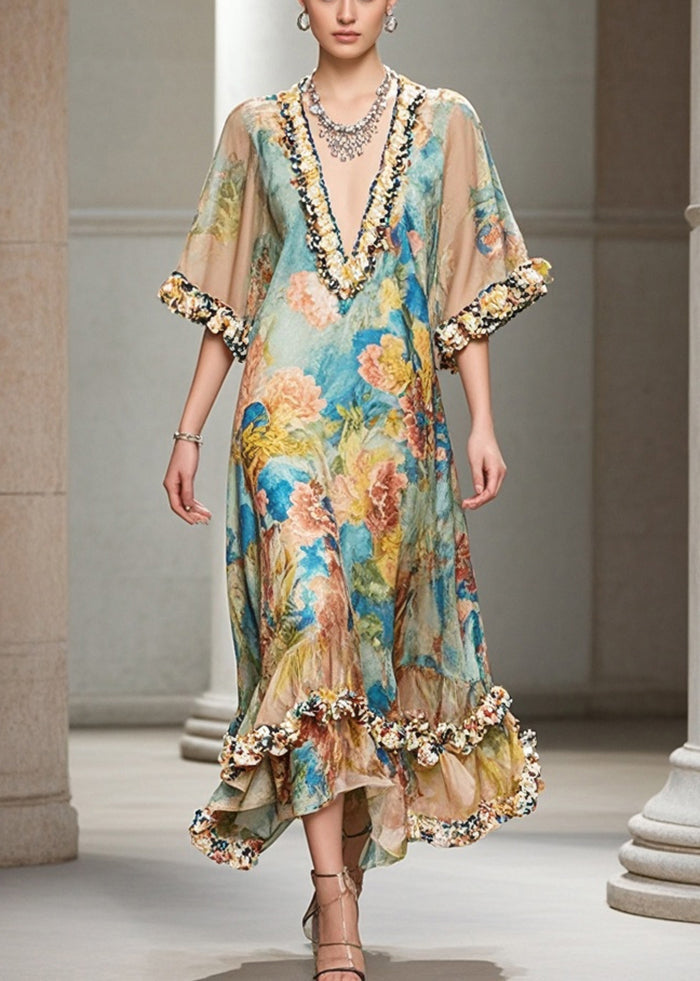 Floral Print V-Neck Half Sleeve Ruffle Hem Chiffon Midi Dress 5