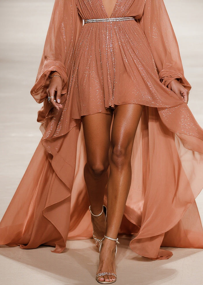 Sequin Pleated Deep V-Neck Bishop Sleeve Rhinestone Belt High Low Train Gown