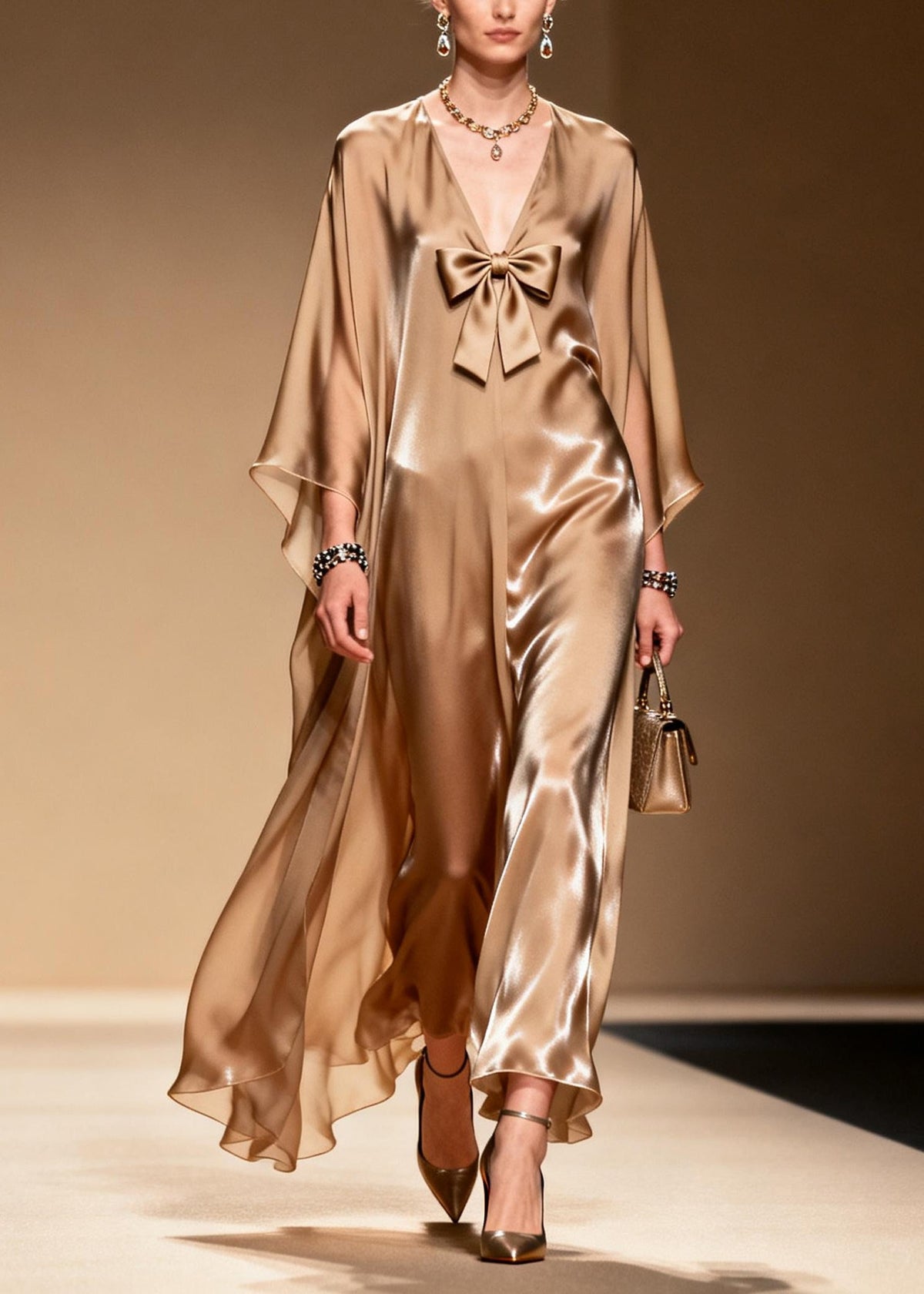 Bow Front V-Neck Batwing Sleeve Satin Kaftan Maxi Dress