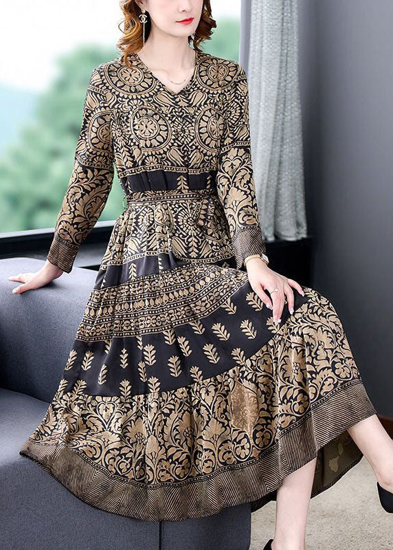 Mandala Print V-Neck Long Sleeve Belted A-Line Midi Dress