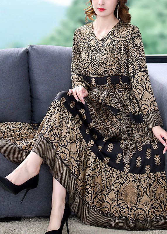 Mandala Print V-Neck Long Sleeve Belted A-Line Midi Dress