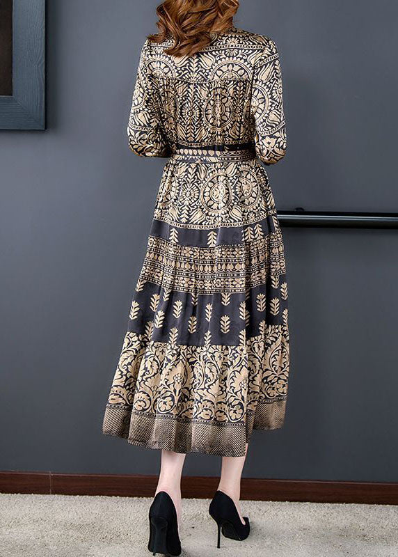 Mandala Print V-Neck Long Sleeve Belted A-Line Midi Dress