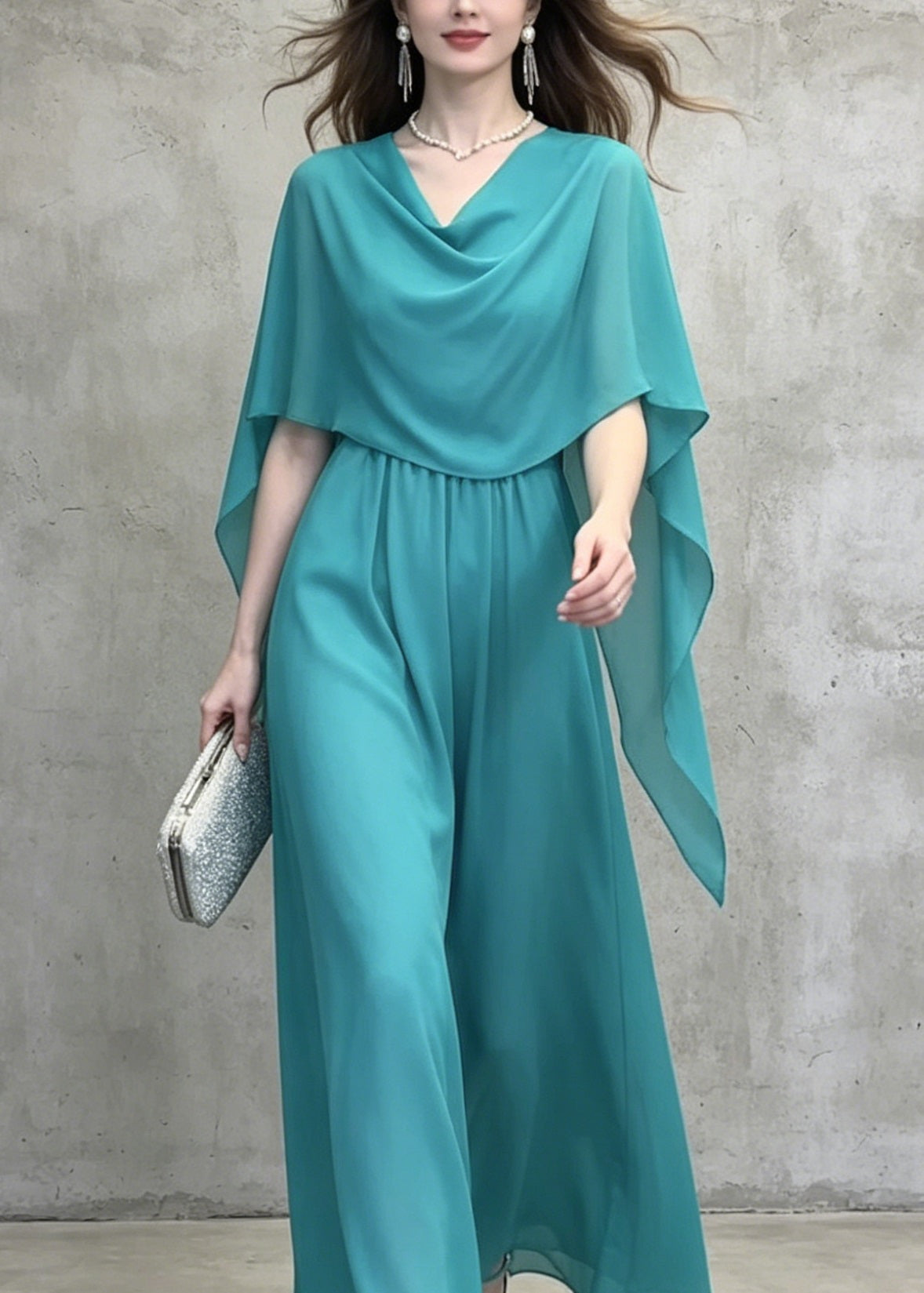 Chiffon Cowl Neck Cape Overlay Gathered Waist Wide Leg Jumpsuit