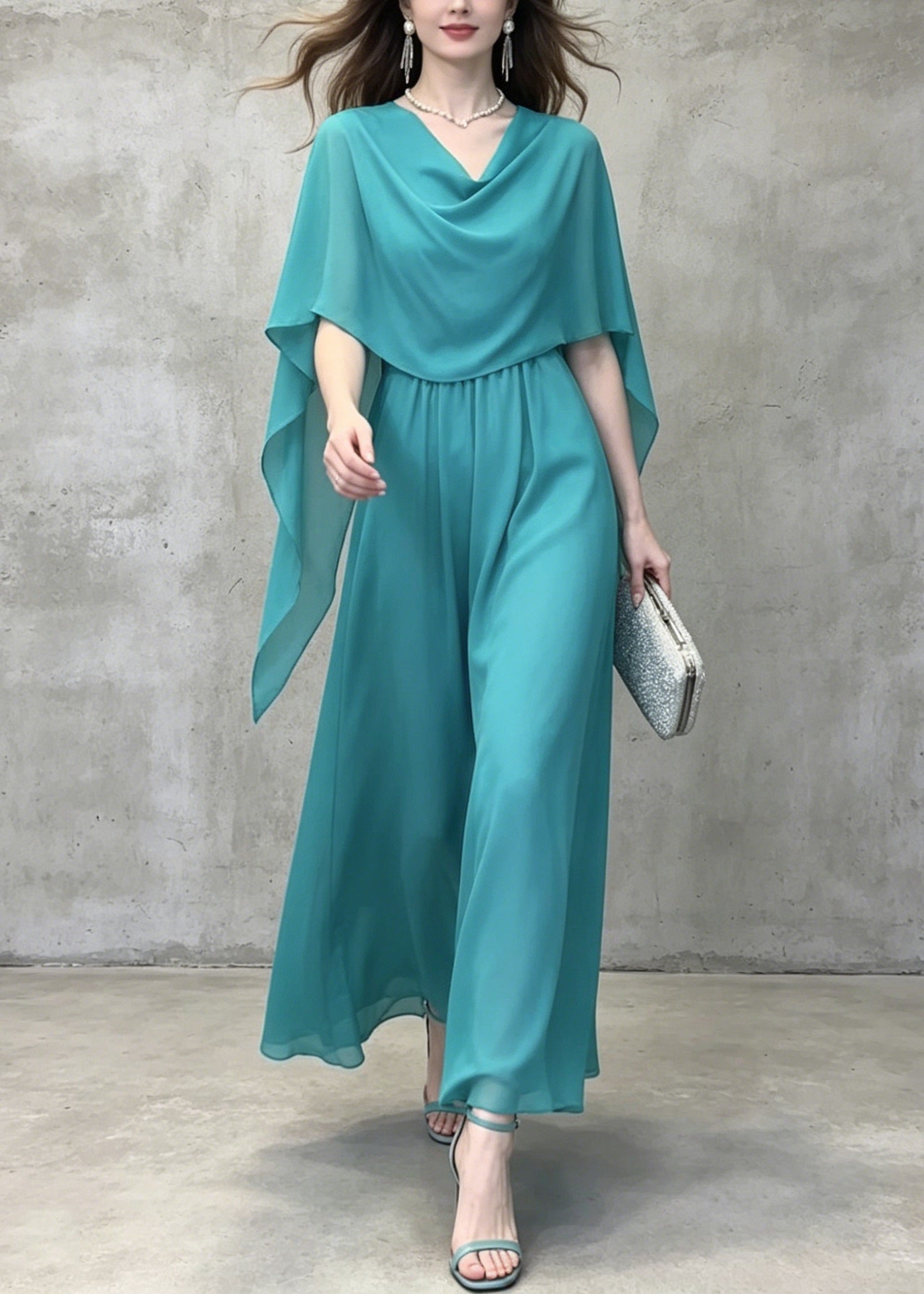 Chiffon Cowl Neck Cape Overlay Gathered Waist Wide Leg Jumpsuit