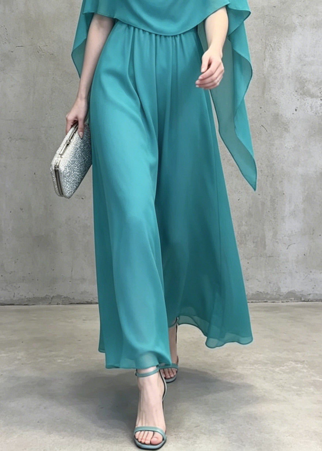 Chiffon Cowl Neck Cape Overlay Gathered Waist Wide Leg Jumpsuit