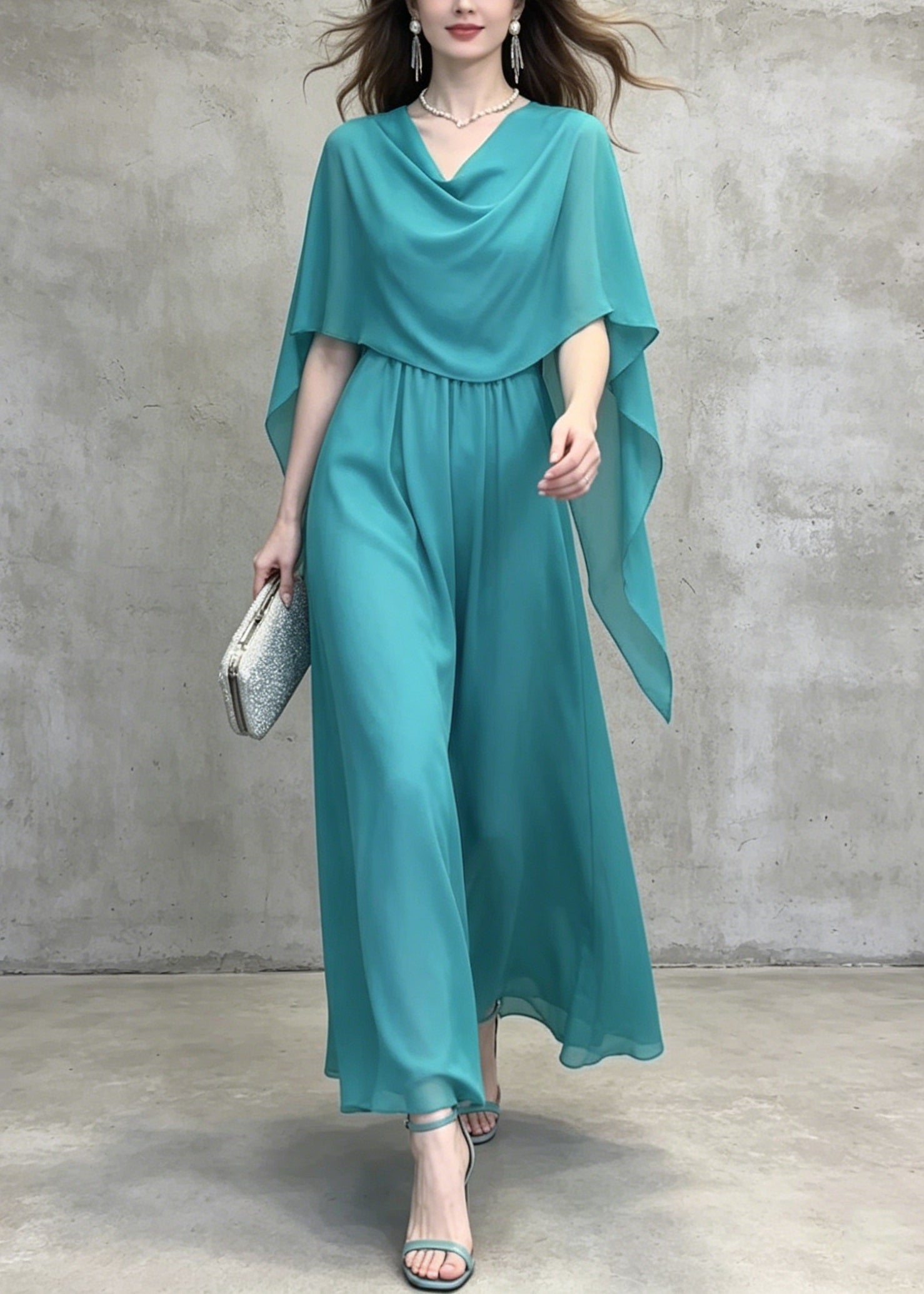 Chiffon Cowl Neck Cape Overlay Gathered Waist Wide Leg Jumpsuit