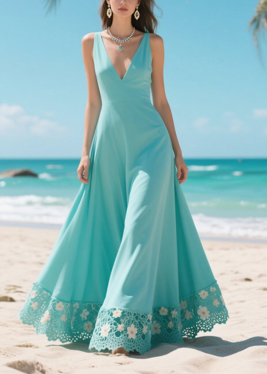 Deep V-Neck Wide Strap Floral Lace Trim Hem Flowy Maxi Gown