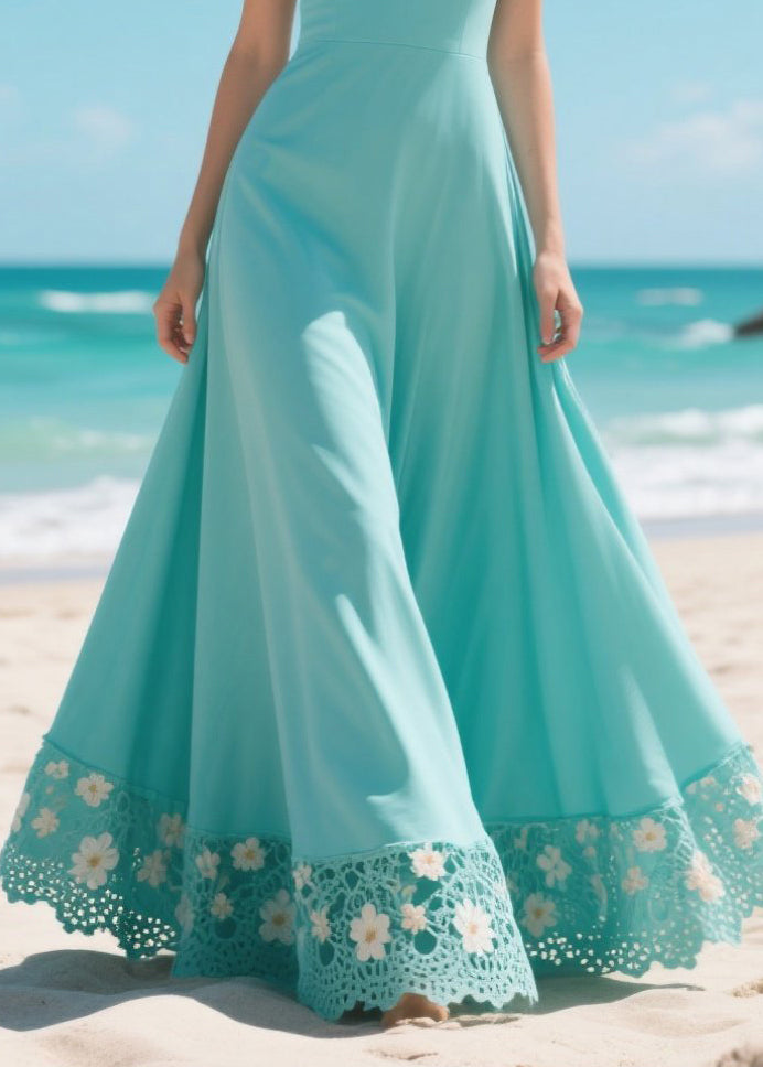 Deep V-Neck Wide Strap Floral Lace Trim Hem Flowy Maxi Gown