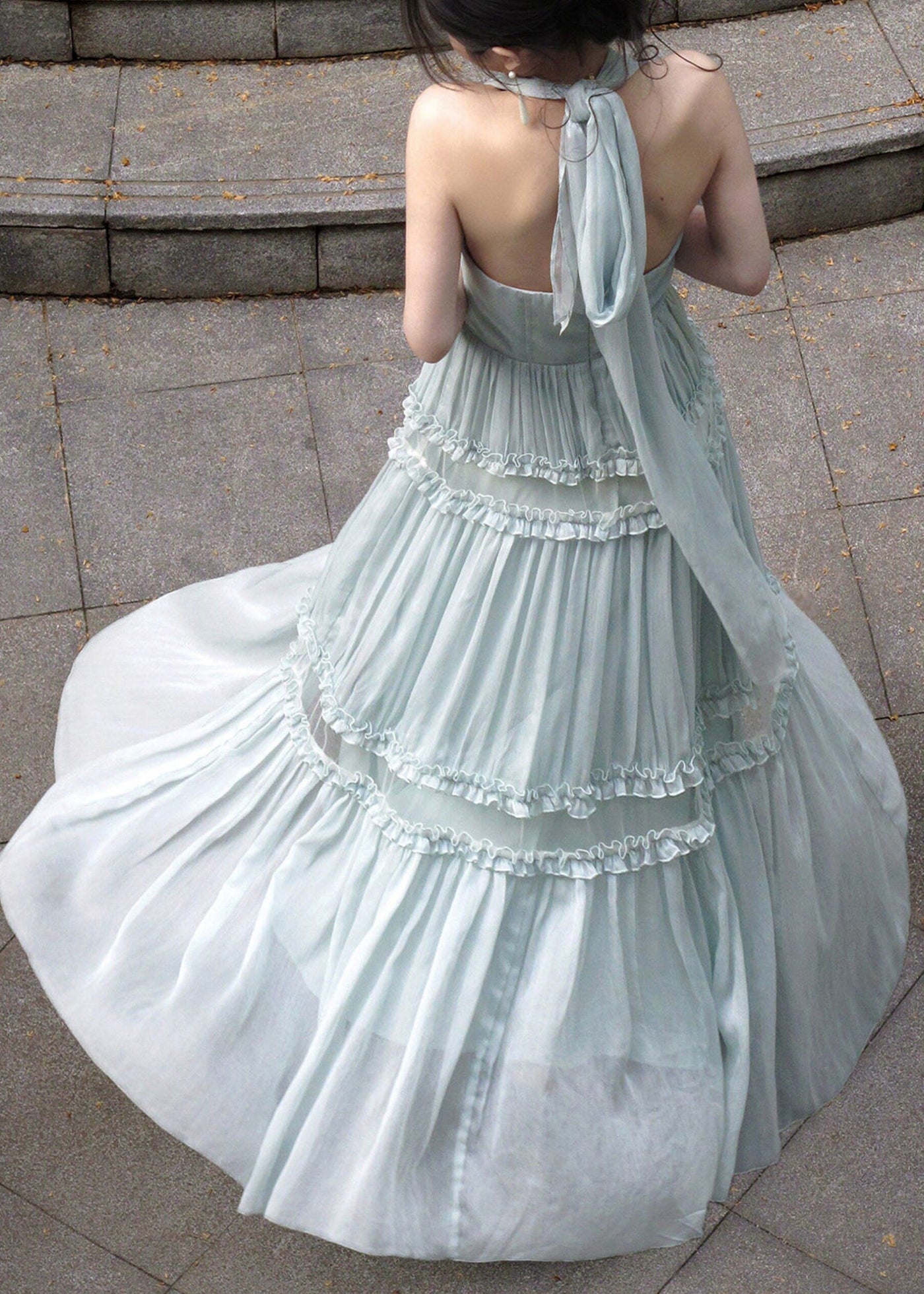 French Light Green Halter Ruffled Wrinkled Tulle Long Dresses Sleeveless 5