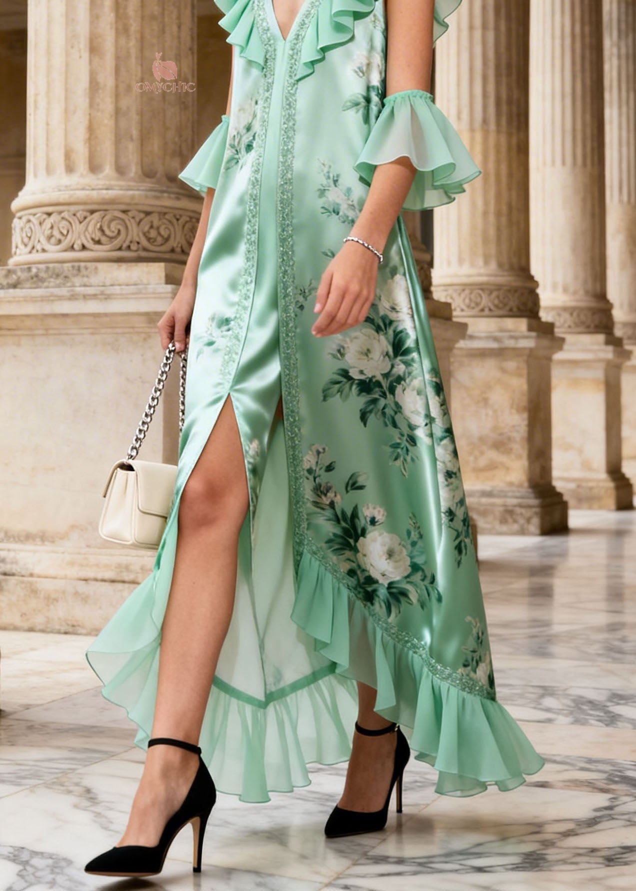 French Light Green Ruffled Patchwork Print Chiffon Dress Summer - View 4