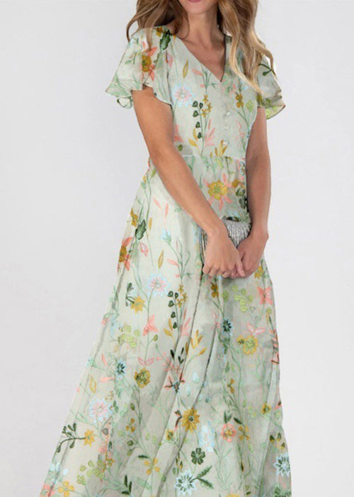 Chiffon Floral Embroidered V-Neck Button Front Flutter Sleeve A-Line Maxi Dress