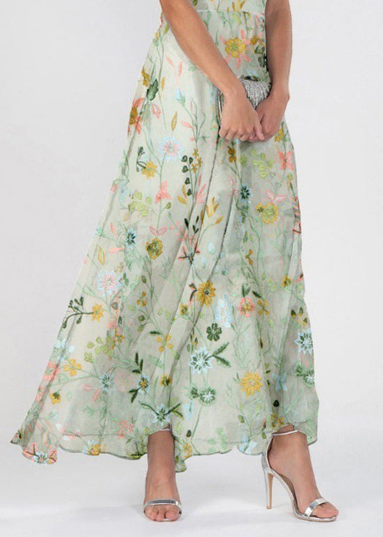 Chiffon Floral Embroidered V-Neck Button Front Flutter Sleeve A-Line Maxi Dress