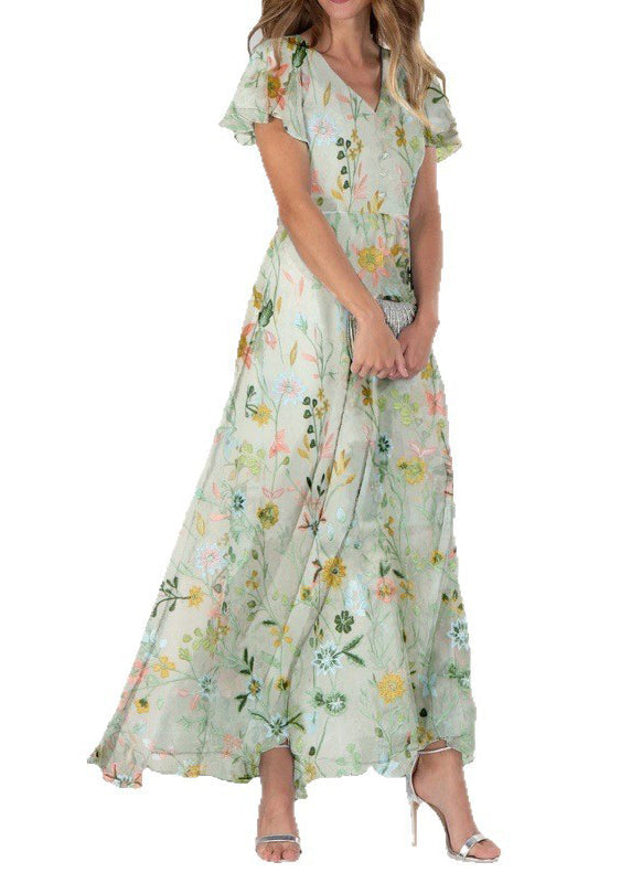 Chiffon Floral Embroidered V-Neck Button Front Flutter Sleeve A-Line Maxi Dress