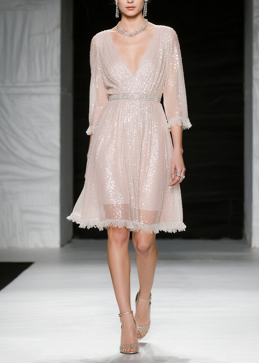 Sequin Deep V-Neck Wrap Tassel Hem Fit and Flare Mini Party Dress