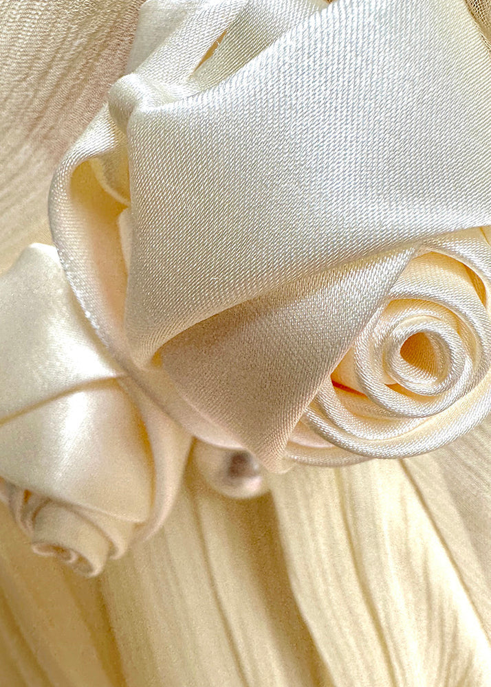 Organza Plissé Mock Neck Fabric Rosette Lantern Sleeve Flowy Maxi Gown