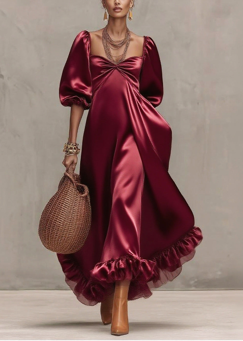 Satin Sweetheart Neck Puff Sleeve Ruffle Hem Tiered Midi Dress - View 5