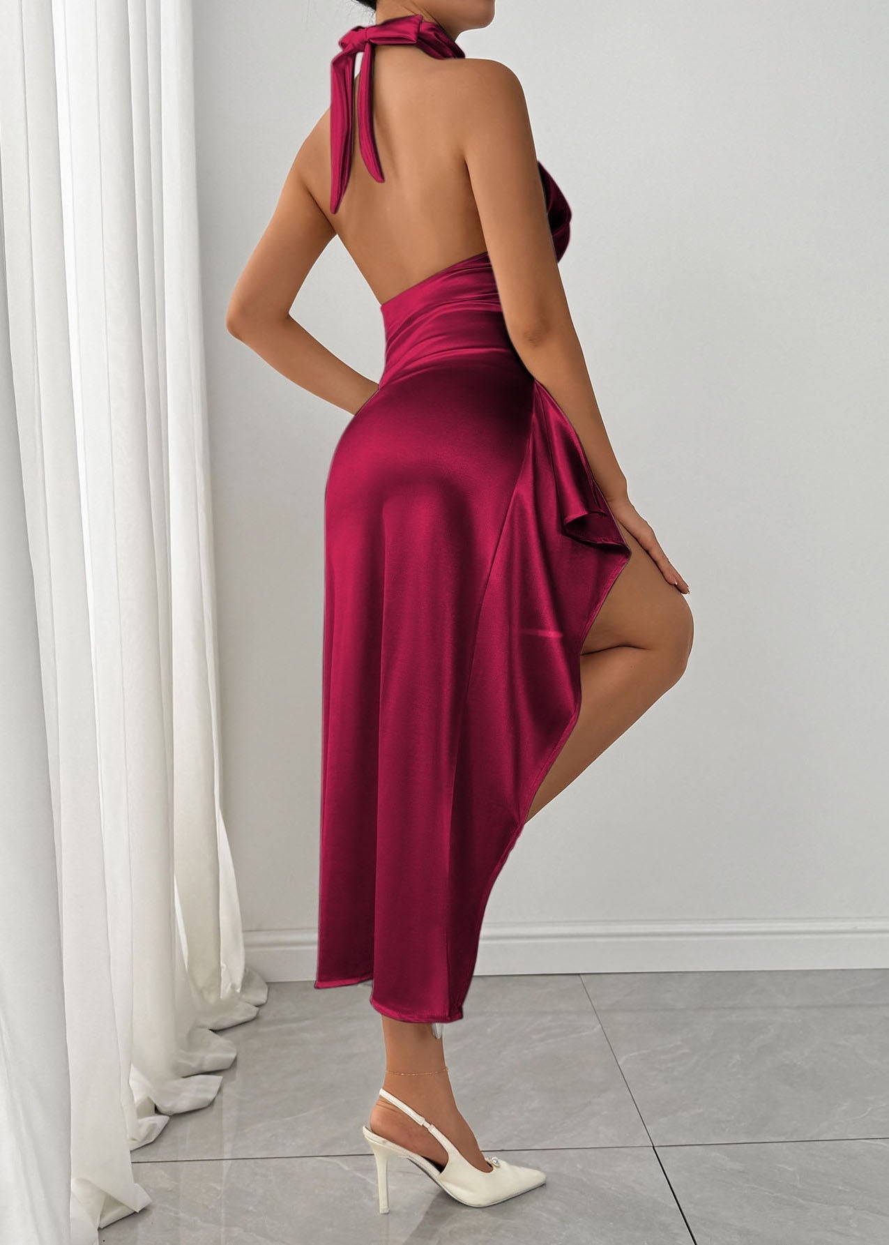 Satin Halter High Neck Ruched Waist High Split Bodycon Maxi Gown