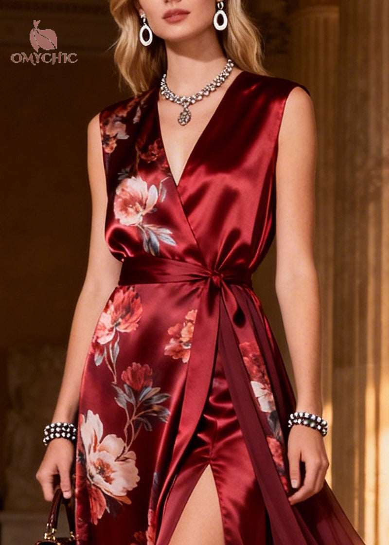 Floral Print Wrap V-Neck Tie Belt High Split Sheer Train Maxi Gown