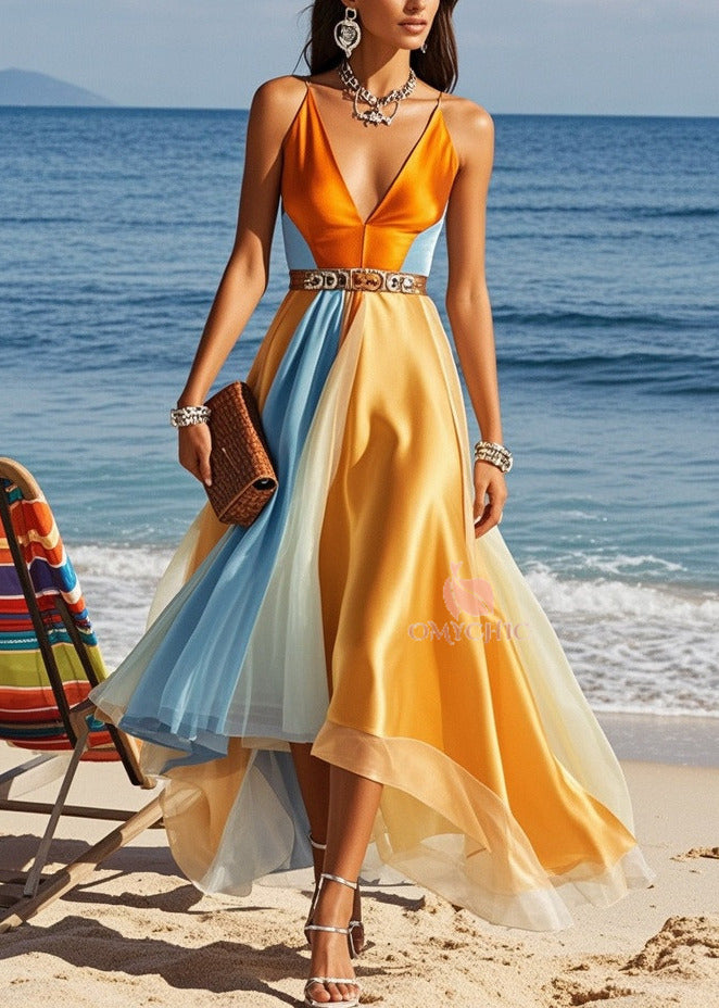 Spaghetti Strap Deep V-Neck Belted Panel High Low Mesh Hem Maxi Gown
