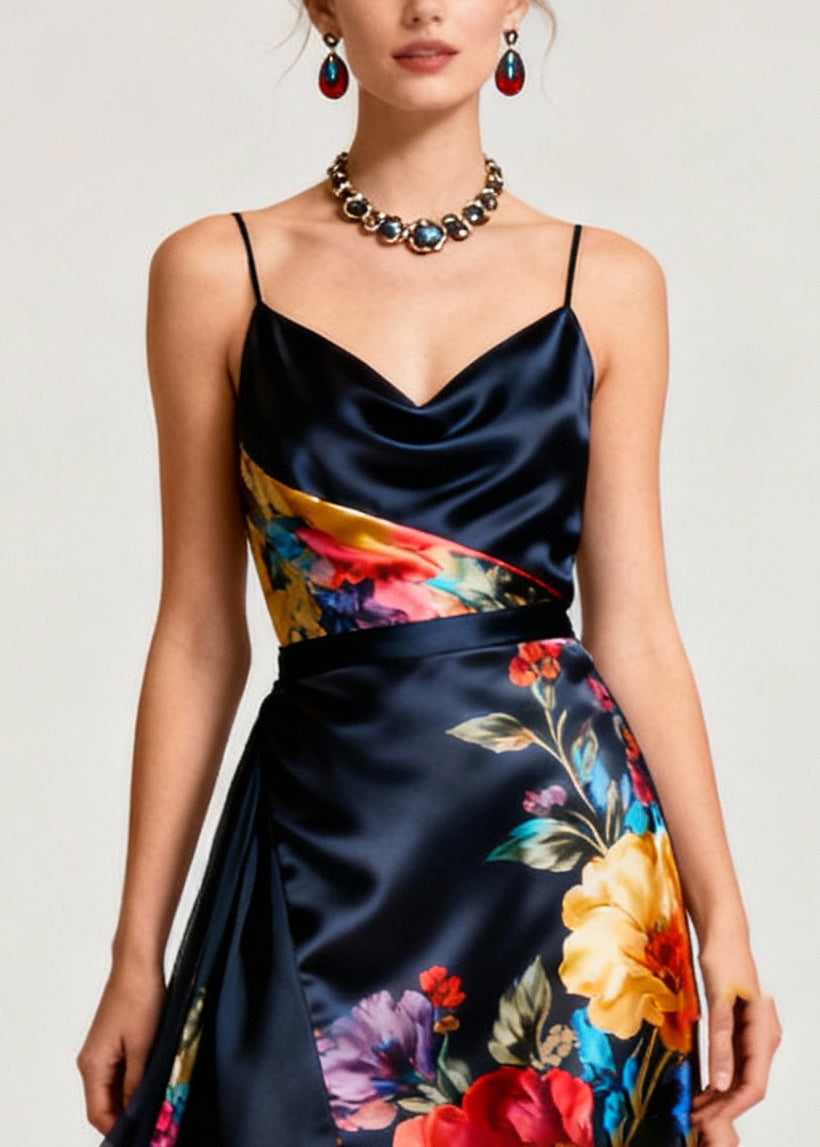 Floral Print Satin Cowl Neck Spaghetti Strap Asymmetrical Wrap Chiffon Ruffle Hem Midi Dress