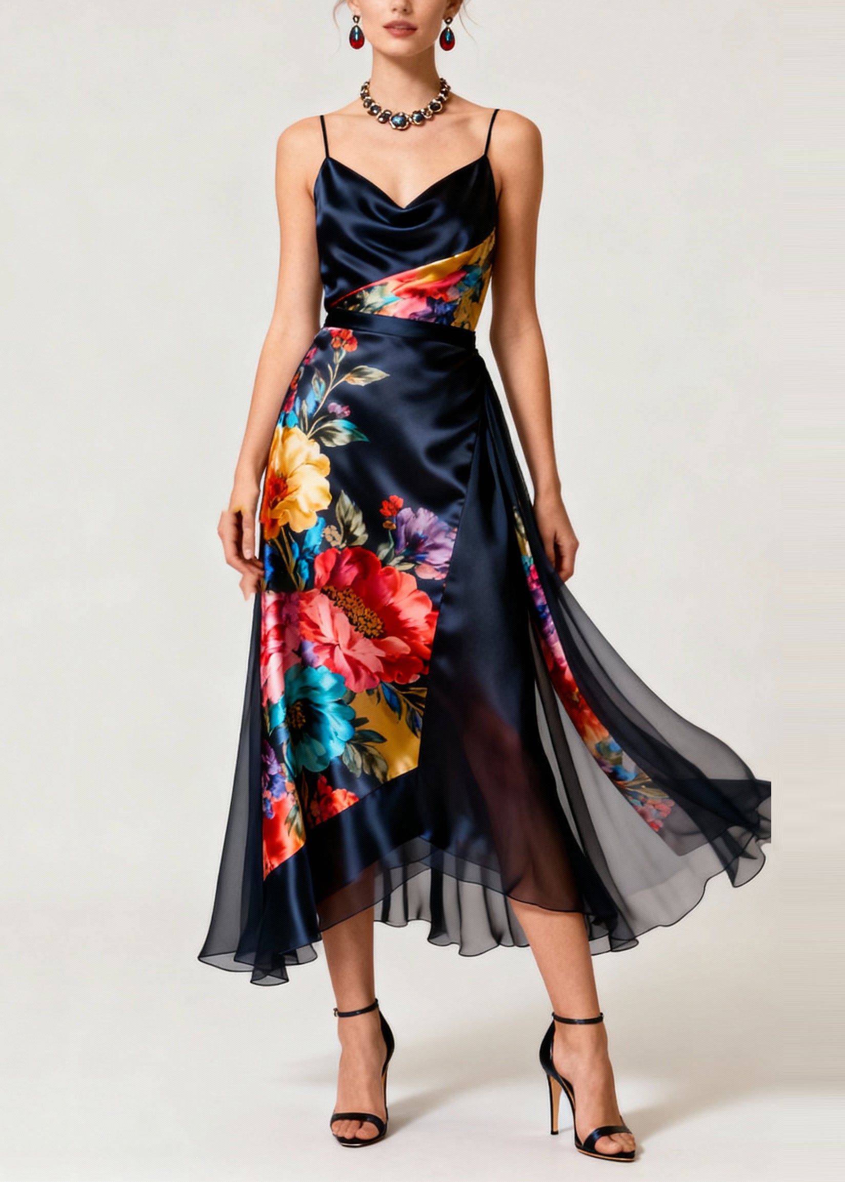 Floral Print Satin Cowl Neck Spaghetti Strap Asymmetrical Wrap Chiffon Ruffle Hem Midi Dress