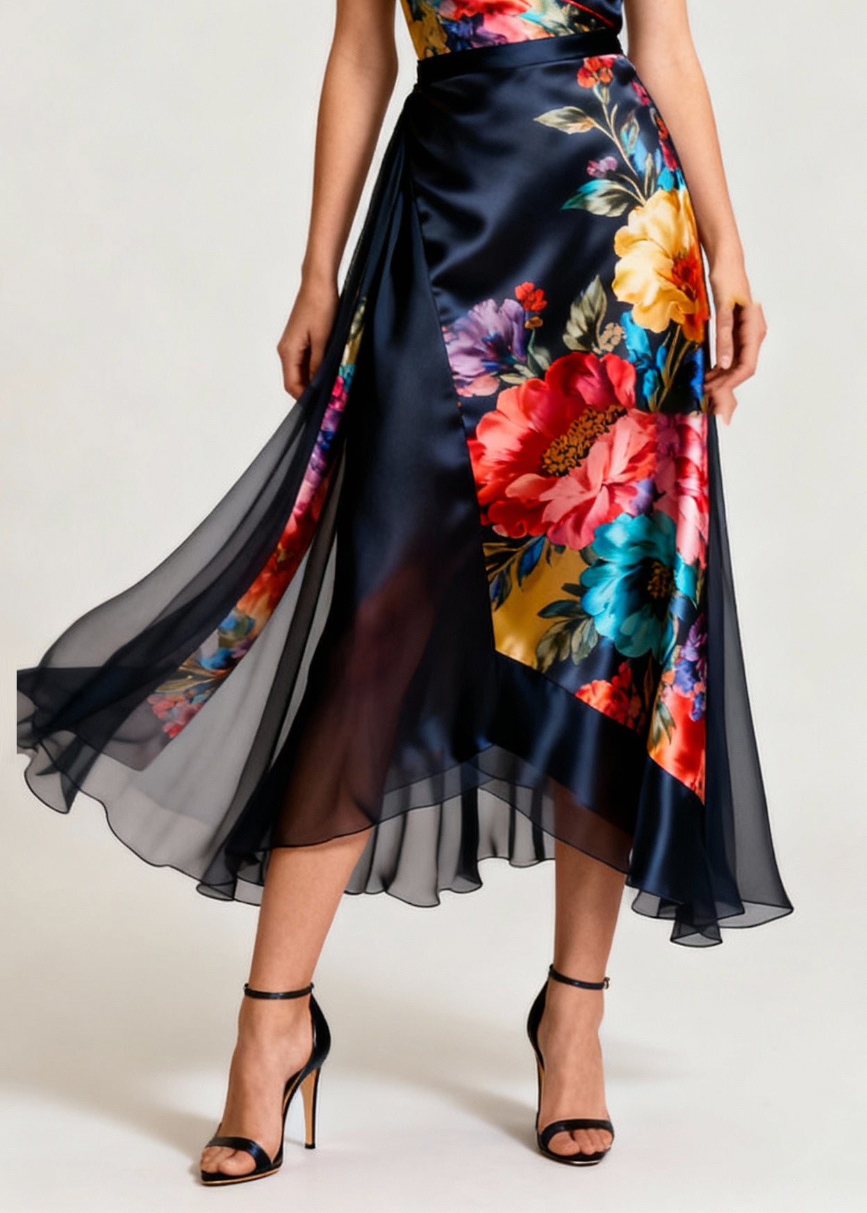 Floral Print Satin Cowl Neck Spaghetti Strap Asymmetrical Wrap Chiffon Ruffle Hem Midi Dress