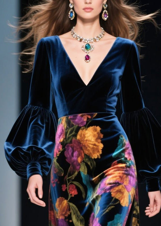 Velvet Floral Print Deep V-Neck Puff Sleeve High Split Maxi Gown