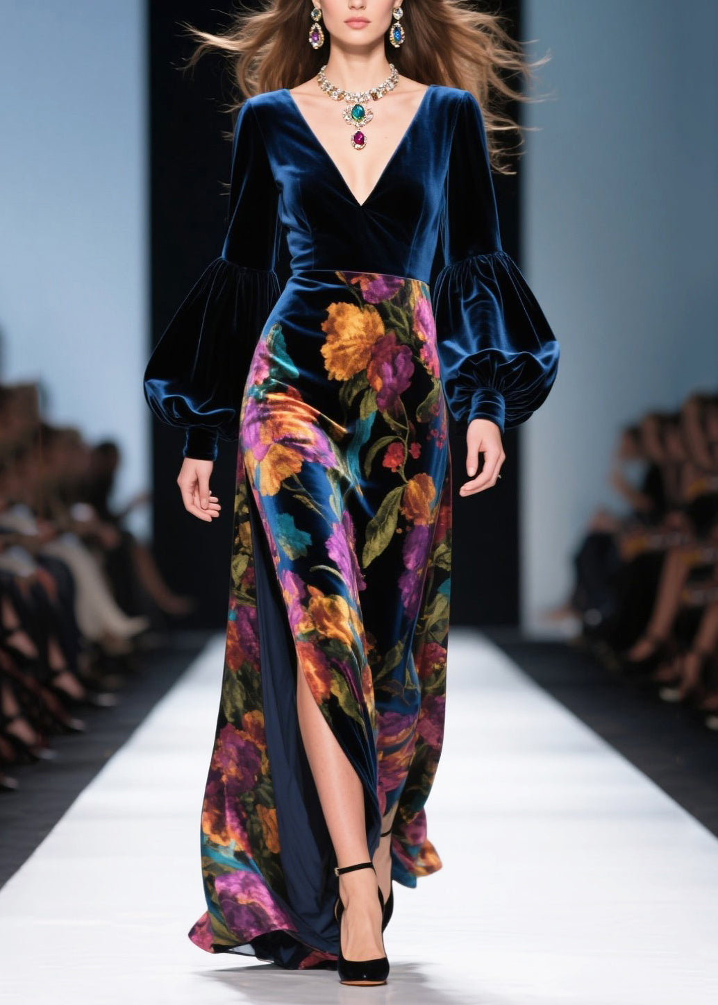 Velvet Floral Print Deep V-Neck Puff Sleeve High Split Maxi Gown