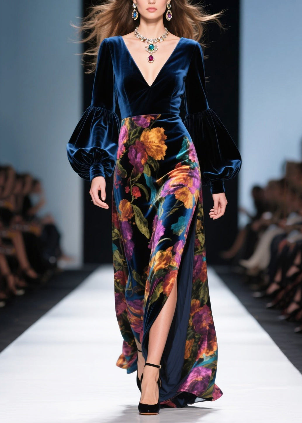 Velvet Floral Print Deep V-Neck Puff Sleeve High Split Maxi Gown
