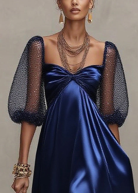 Sequin Mesh Puff Sleeve Sweetheart Neck Empire Waist High Low Maxi Gown
