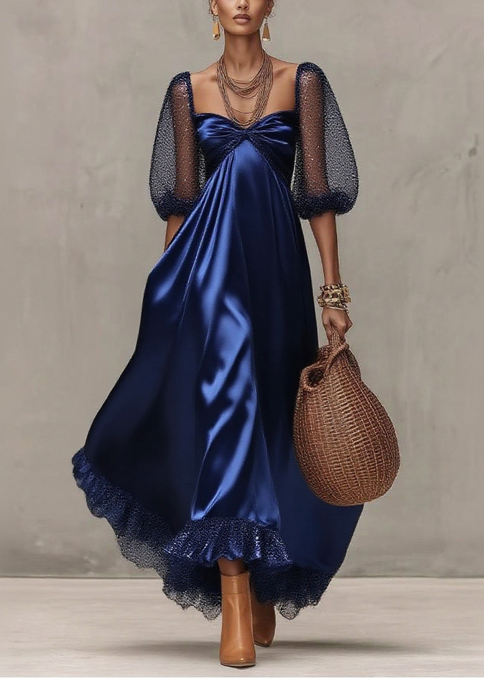 Sequin Mesh Puff Sleeve Sweetheart Neck Empire Waist High Low Maxi Gown