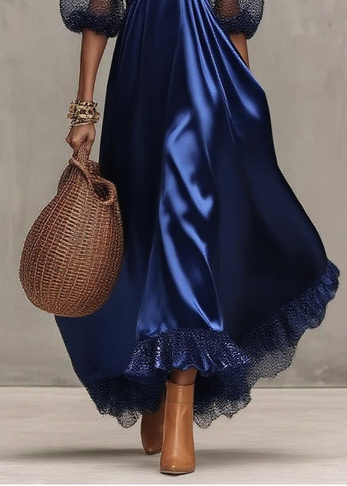 Sequin Mesh Puff Sleeve Sweetheart Neck Empire Waist High Low Maxi Gown