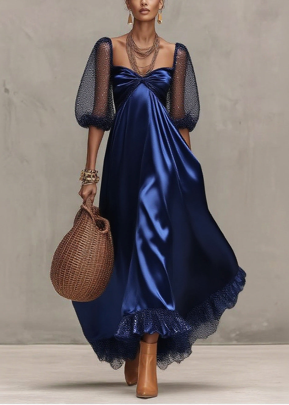 Sequin Mesh Puff Sleeve Sweetheart Neck Empire Waist Maxi Gown - View 5