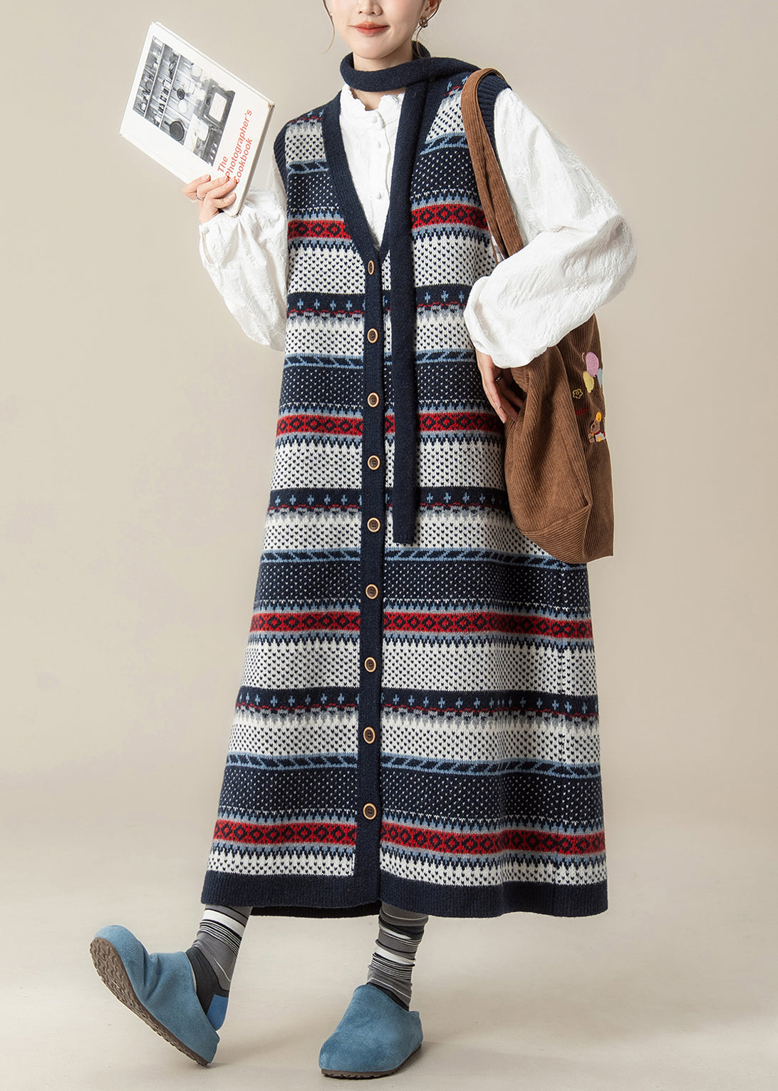 Jacquard Knit Sleeveless V-Neck Button Front Vest Shirt Set
