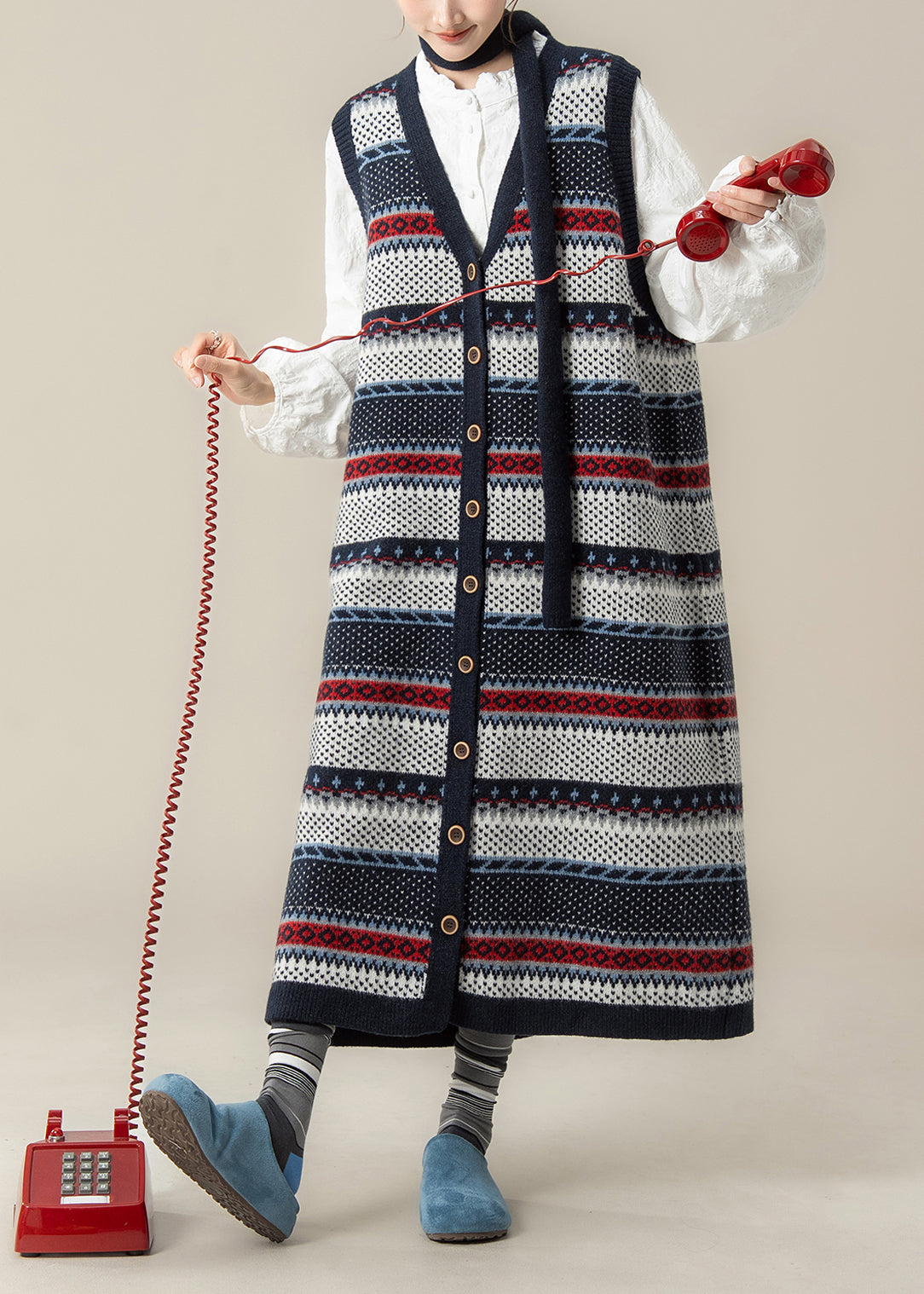 Jacquard Knit Sleeveless V-Neck Button Front Vest Dress Shirt Two Piece Set