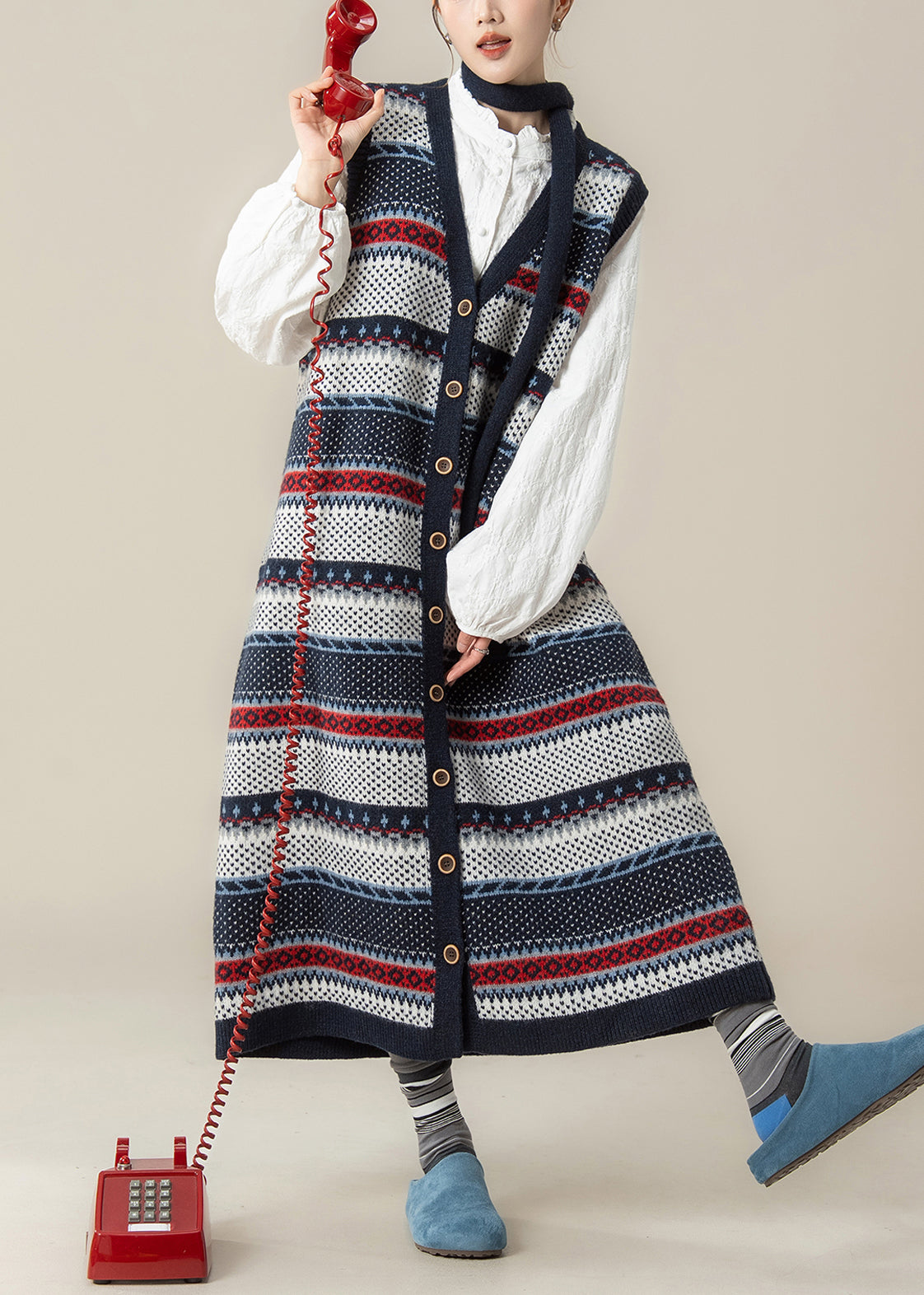 Jacquard Knit Sleeveless V-Neck Button Front Vest Dress Shirt Two Piece Set