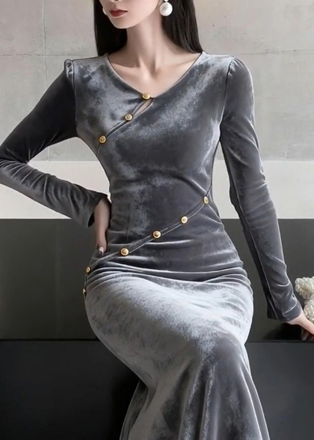 Velvet Asymmetric V-Neck Gold Button Long Sleeve Mermaid Maxi Gown