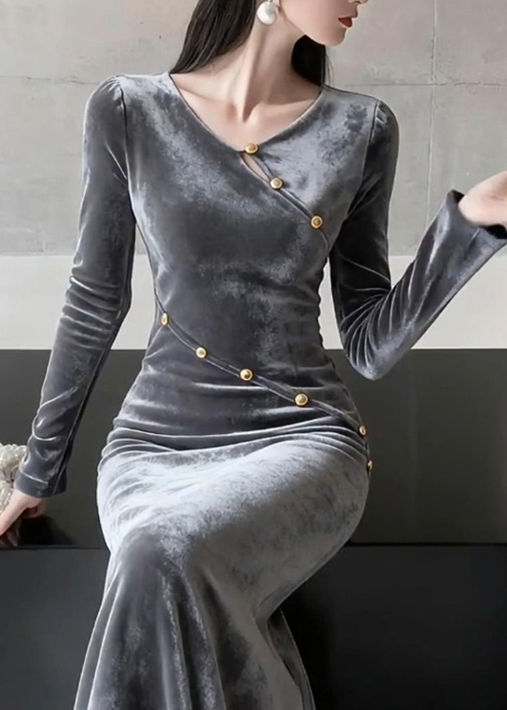 Velvet Asymmetric V-Neck Gold Button Long Sleeve Mermaid Maxi Gown