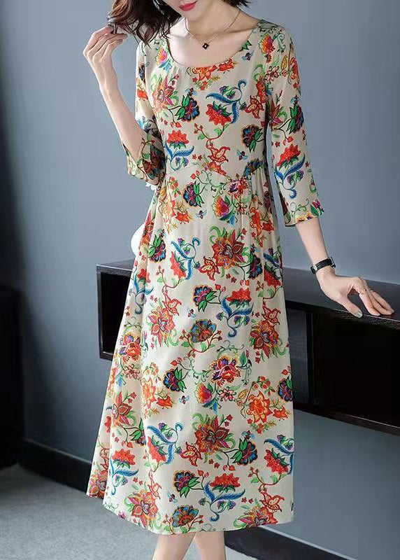 Chiffon Floral Print Round Neck Three Quarter Sleeve Gathered Waist A-Line Midi Dress