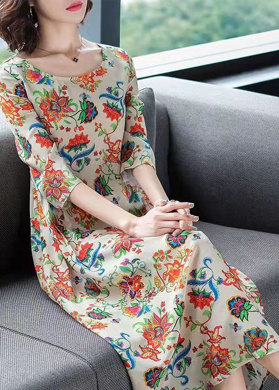 Chiffon Floral Print Round Neck Three Quarter Sleeve Gathered Waist A-Line Midi Dress