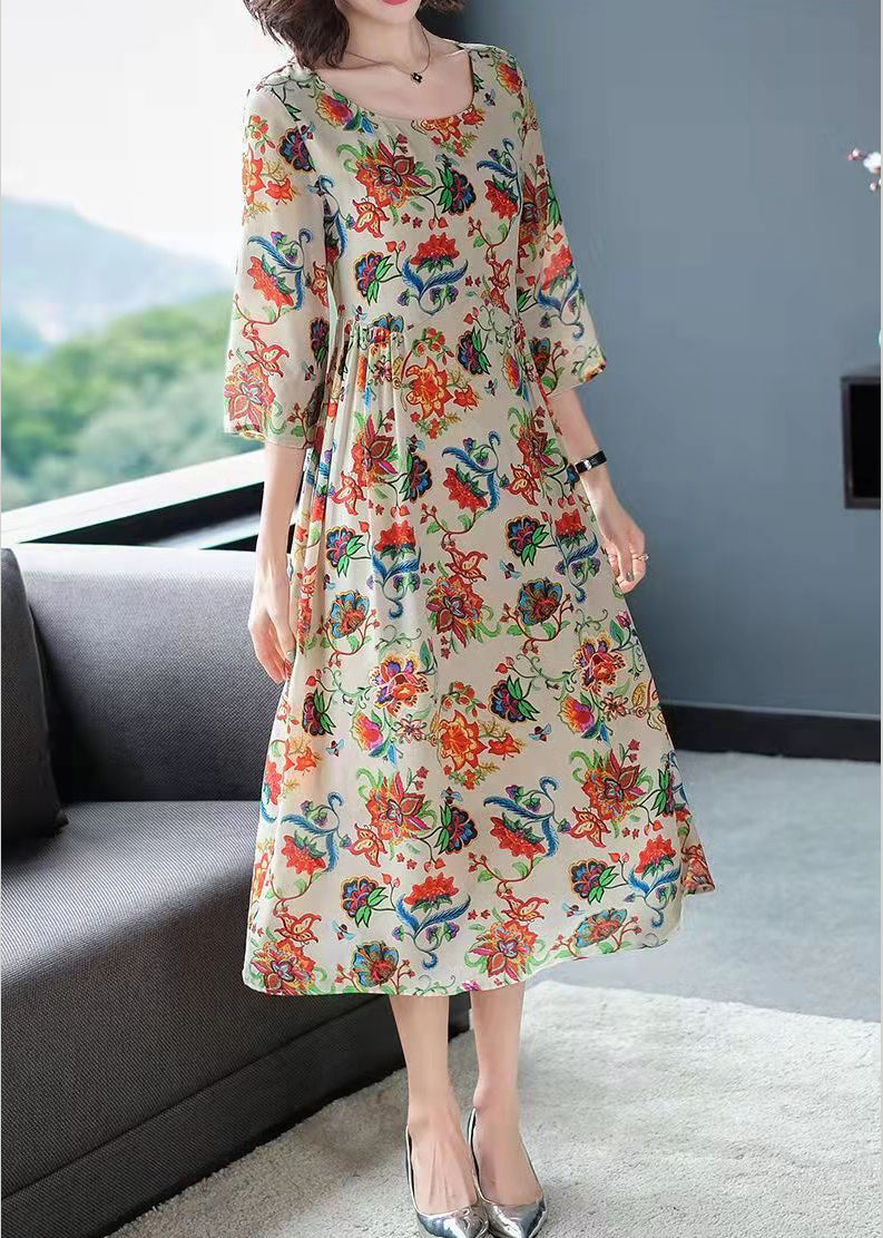Chiffon Floral Print Round Neck Three Quarter Sleeve Gathered Waist A-Line Midi Dress
