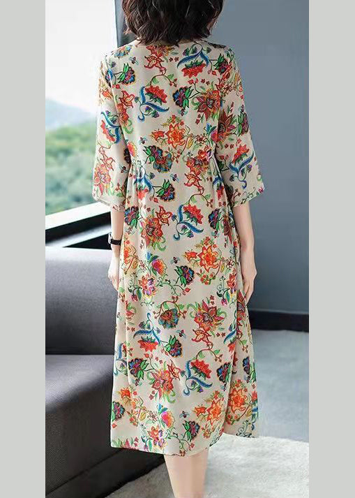 Chiffon Floral Print Round Neck Three Quarter Sleeve Gathered Waist A-Line Midi Dress