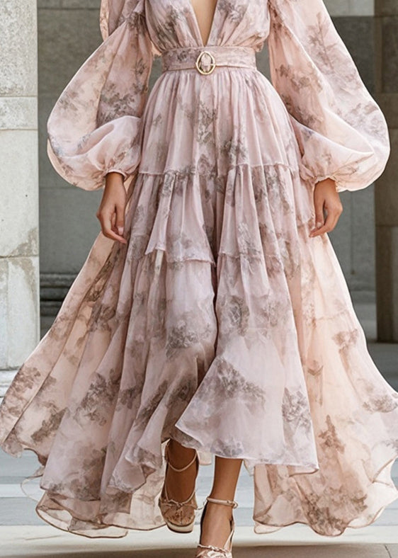 Floral Print Deep V-Neck Puff Sleeve Belted Tiered Maxi Dress